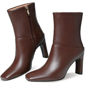 Women's Brown Square Toe Ankle Boots Low Heel Side Zipper Comfort Dressy